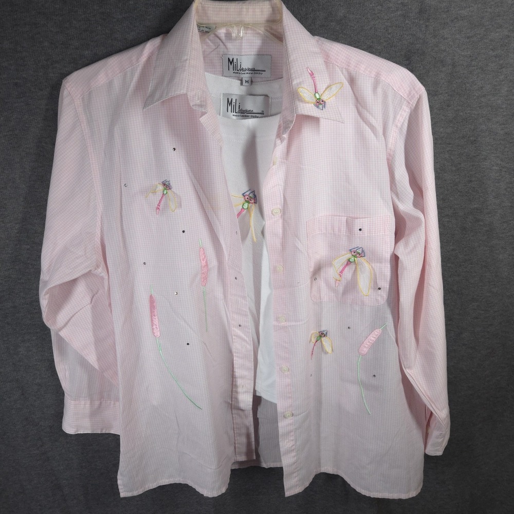 Vintage MiLi Designs 2 Pc Set Pink Gingham Dragonfly Embroidered Shirt Tank 90s